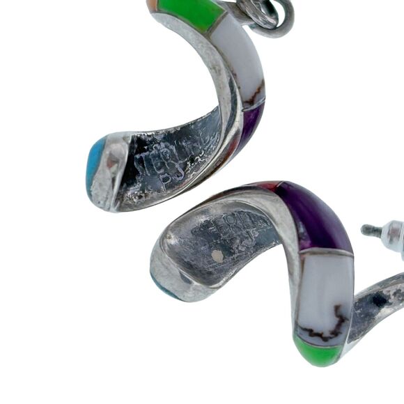 Vintage PJ Sterling Silver 925 Multi Stone Inlay Spiral Dangle Post Earrings - Picture 5 of 9